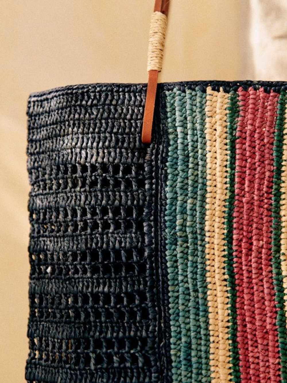 Sezane Francisco Basket Bag - Raffia - Navy with Stripes - Leather Handles - Picture 3 of 9